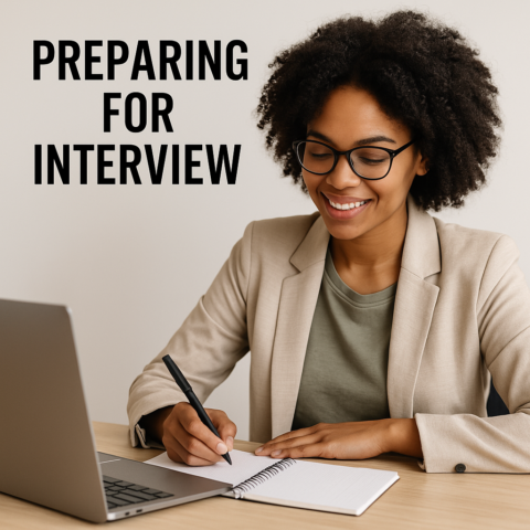 decorative image of a woman preparing for an interview.