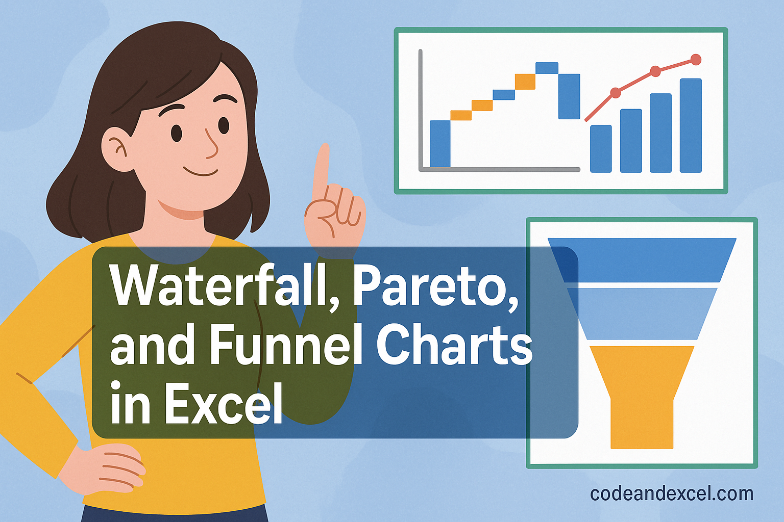Waterfall, Pareto and Funnel charts in Excel.