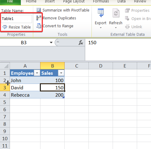 Structured Tables in Excel Final Outcome